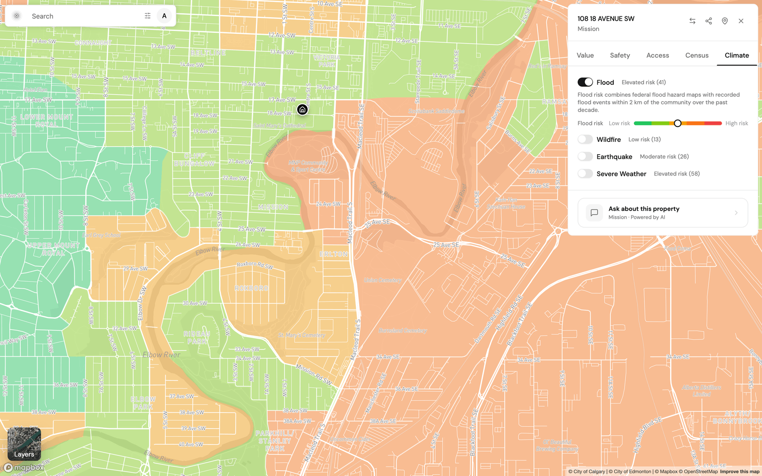 Mission's flood exposure along the Elbow River, from the Explore Climate lens