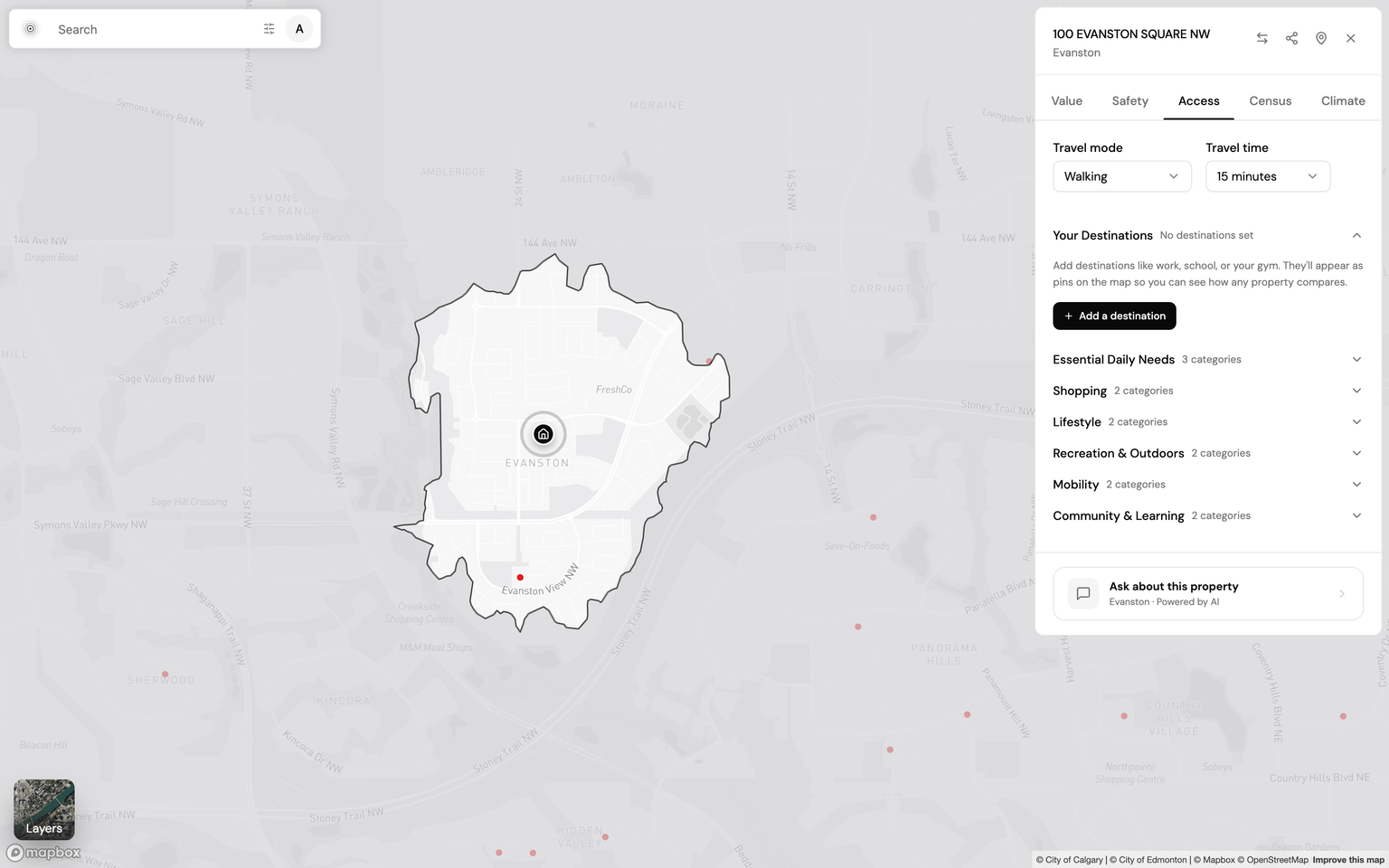 Evanston walk isochrone from a representative address, Explore Accessibility lens with schools POI