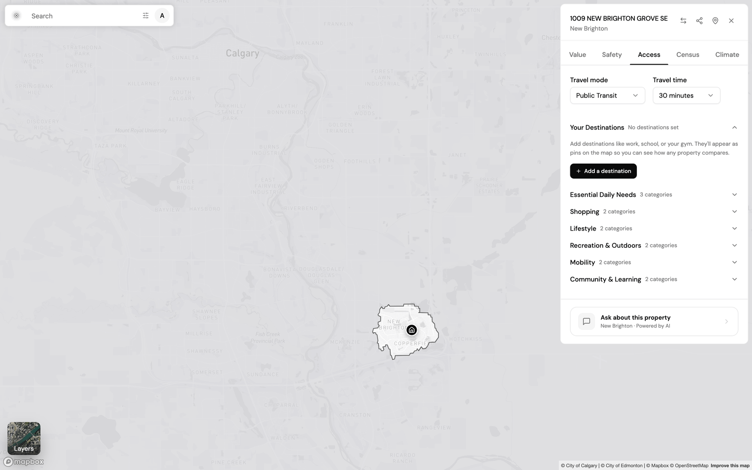 New Brighton transit isochrone toward downtown, Explore Accessibility lens