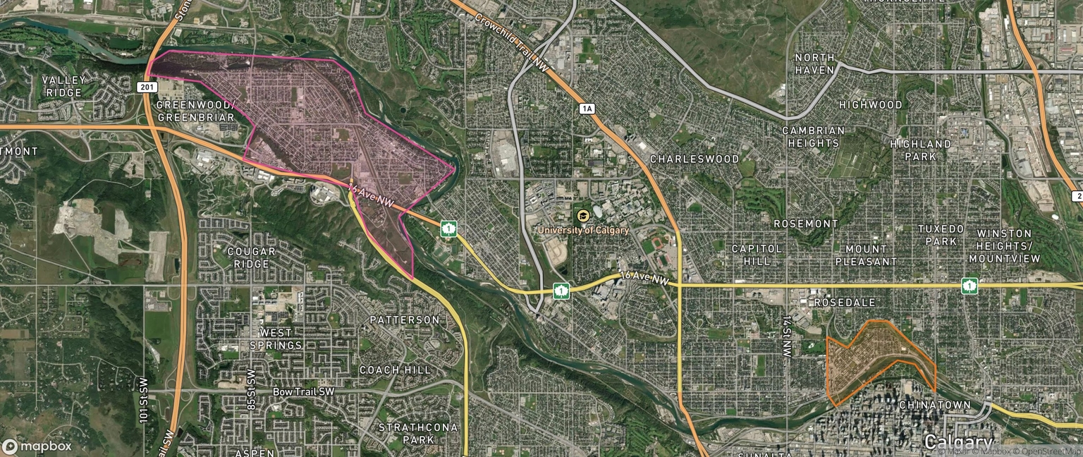 A community comparison on the satellite map: Bowness and Sunnyside drawn as boundary overlays along the Bow River