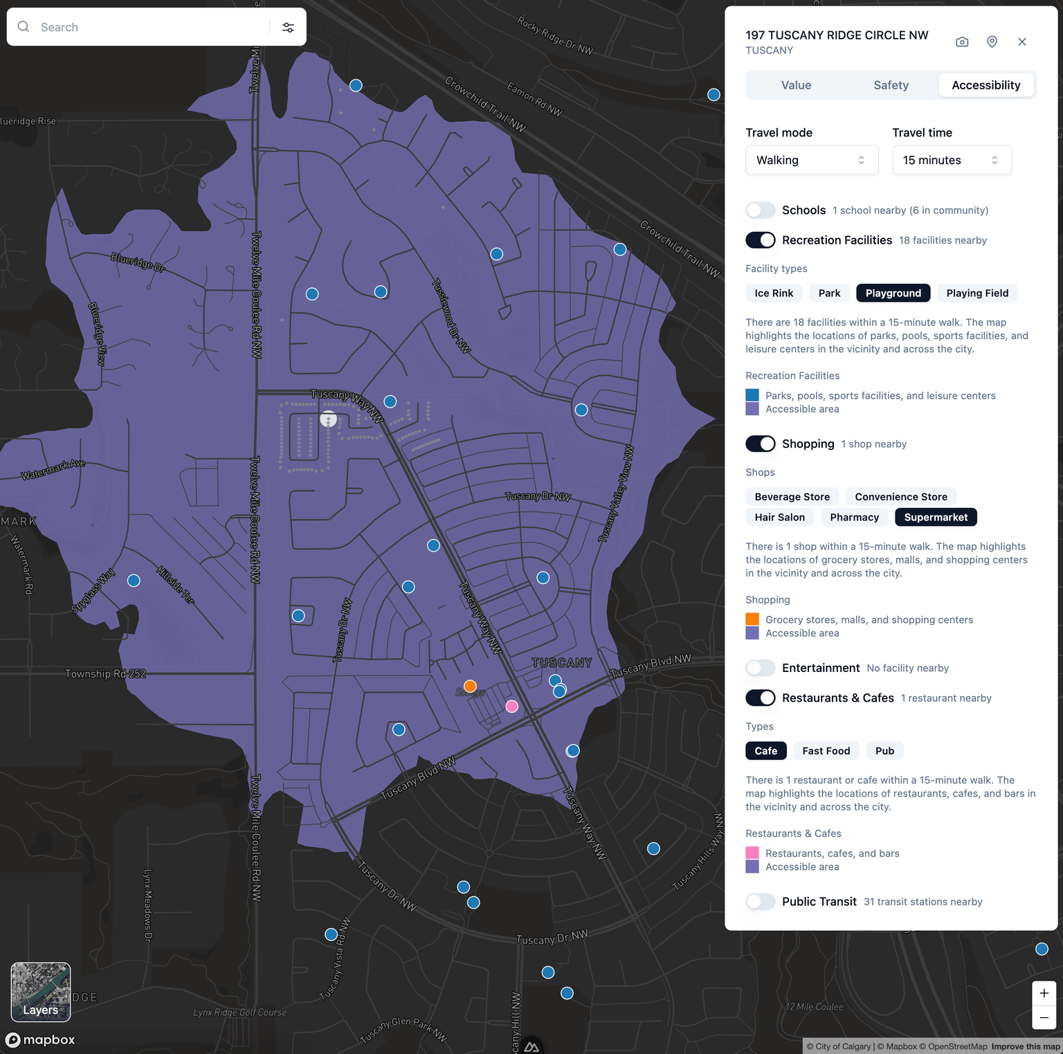 Accessibility analysis showing nearby amenities