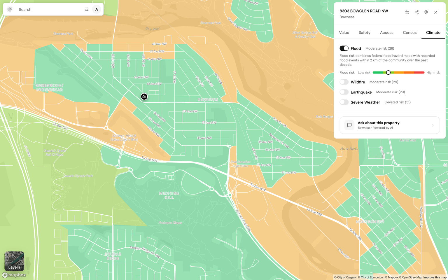 Calgary's flood zones over Bowness on the Explore map, with the Climate lens flood-risk legend
