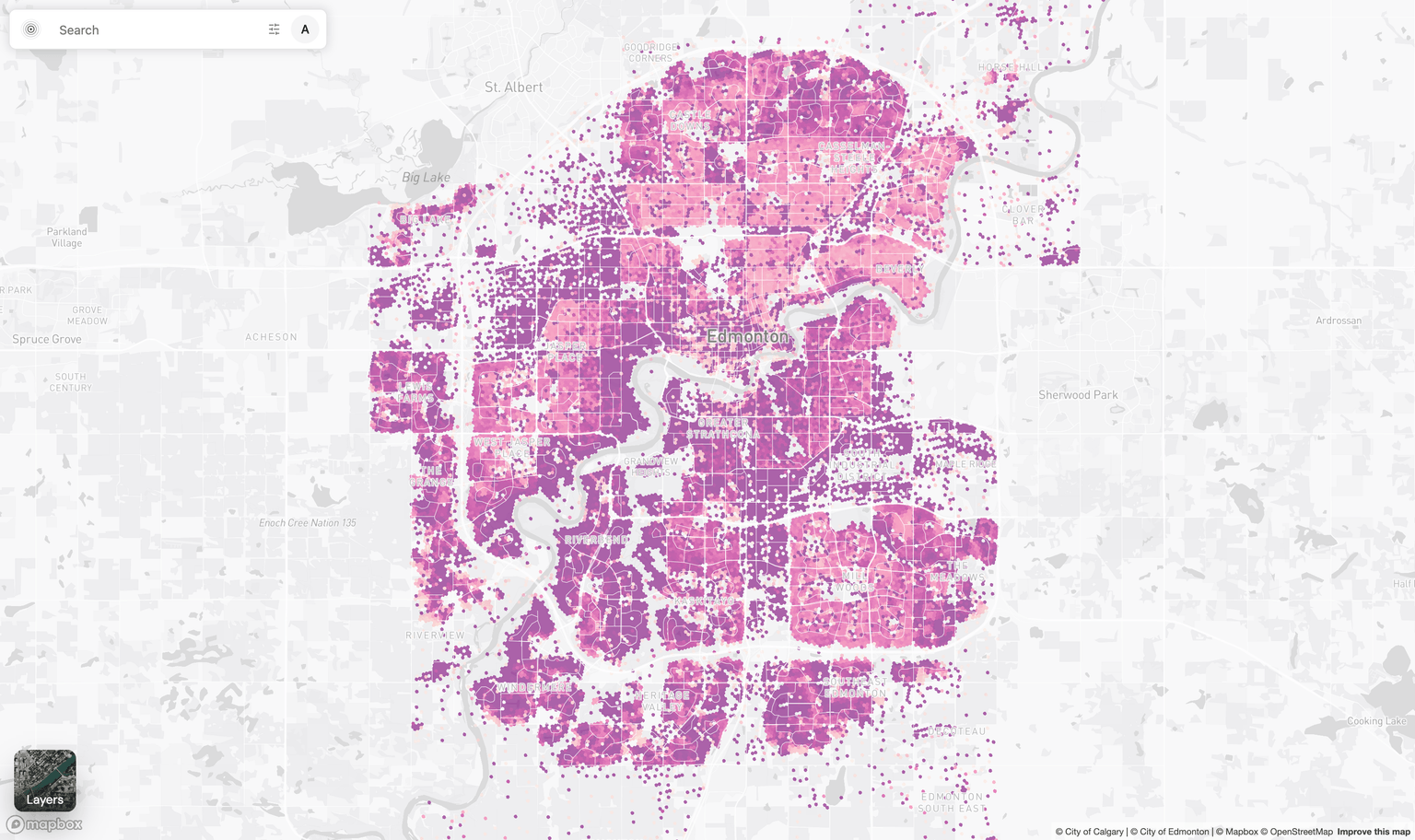 Edmonton in the Explore module, neighbourhood property-value coverage across the whole city along the North Saskatchewan River